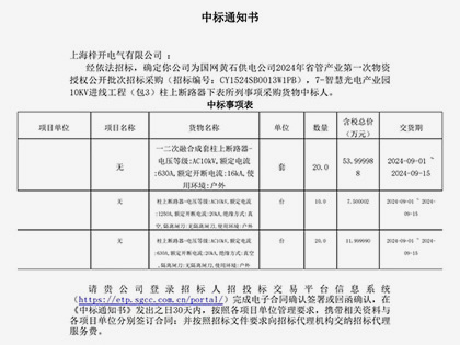 中標(biāo)通知書(shū)！經(jīng)依法招標(biāo)，確定你公司為國(guó)網(wǎng)黃石供電公司2024年省管產(chǎn)品第一次物資授權(quán)公開(kāi)批次招標(biāo)采購(gòu)（招標(biāo)編號(hào)：CY1524SB0013W1PB），7-智慧光電產(chǎn)業(yè)園10KV進(jìn)線(xiàn)工程（包3）柱上斷路器下表所列事項(xiàng)采購(gòu)貨物中標(biāo)人。